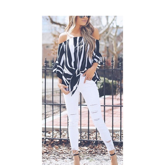 Striped-Off-the-Shoulder/Front Tie-Knot Top - Picture 2 of 6